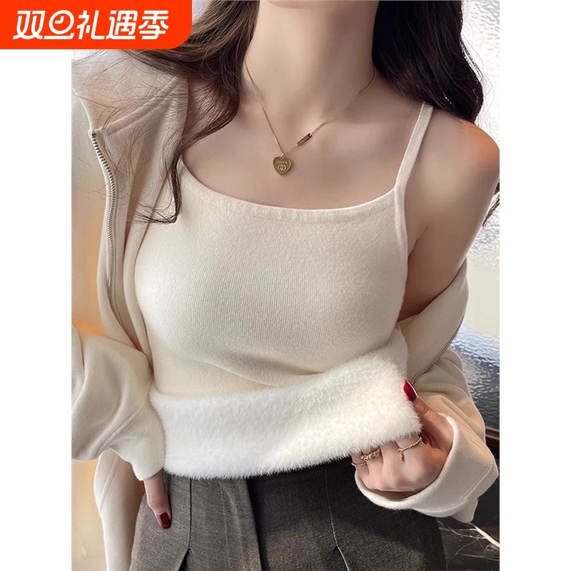 加绒吊带背心女内搭小香风秋冬白色抹胸打底衫加厚一体绒保暖背心