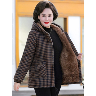 保暖棉服中长款 冬装 加绒加厚格子棉袄女士夹棉棉衣中老年妈妈装