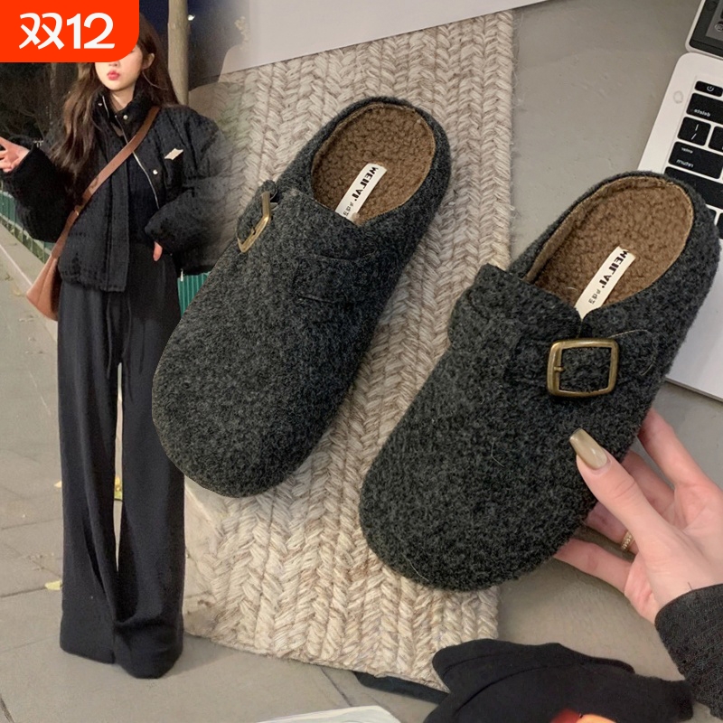 复古勃肯鞋毛毛拖鞋女外穿2025新款春秋一脚蹬懒人鞋加绒包头棉拖