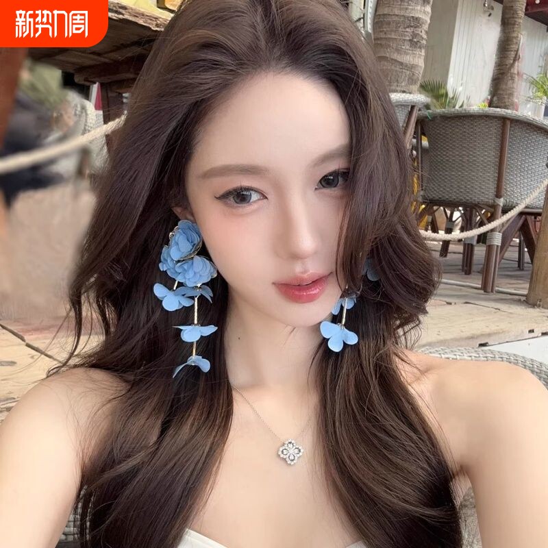 清酒山茶 粉色雪纺花朵流苏大耳环巨好看独特漂亮海边度假风耳饰