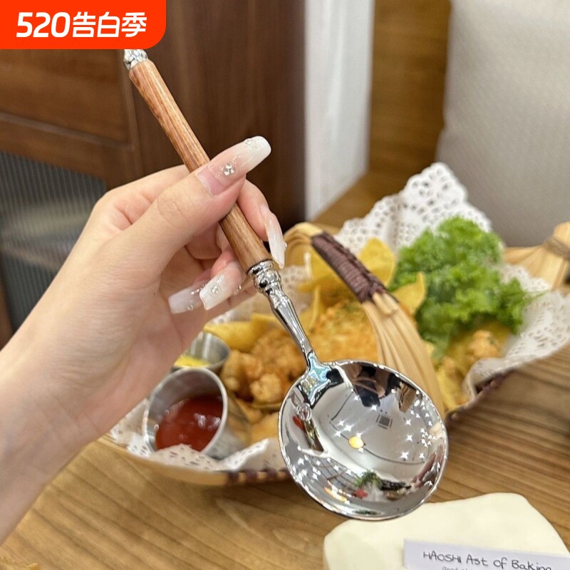 西式高档货黄仿花梨木纹手柄精品级不锈钢喝汤勺子主餐ins风家用