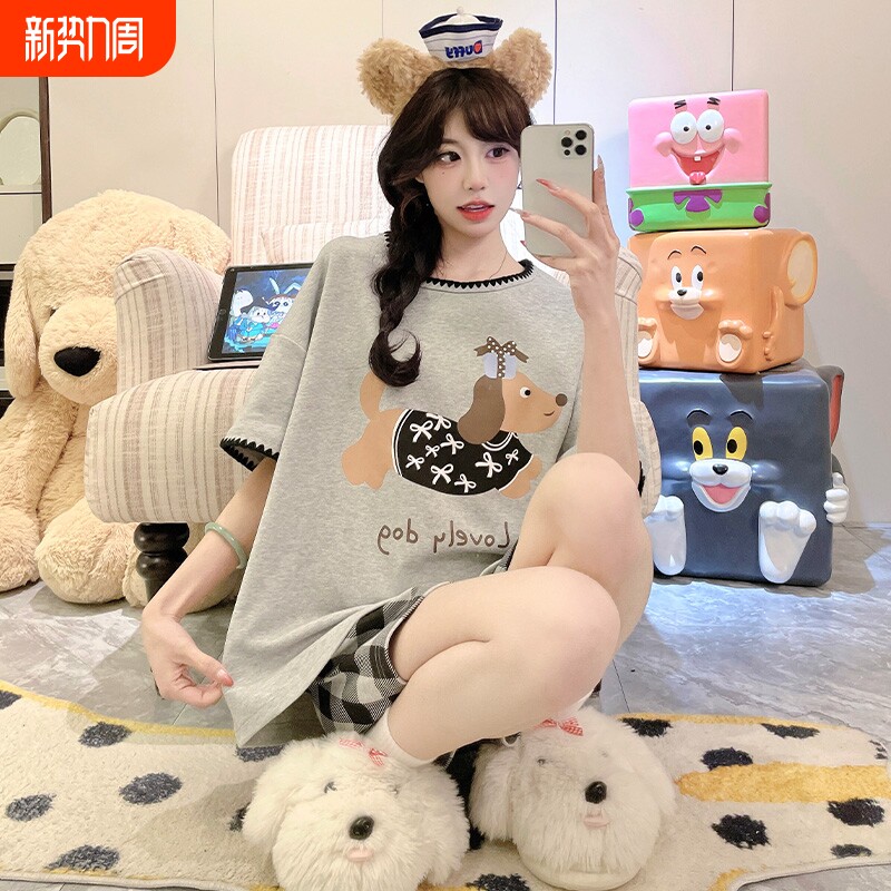 卡通腊肠狗睡衣女夏季薄款棉绸短袖短裤大码少女学生家居服可外穿