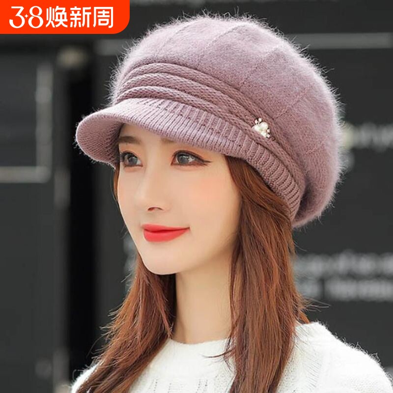 帽子女秋冬天加绒加厚保暖帽鸭舌贝雷帽针织帽兔毛帽毛八角冬季