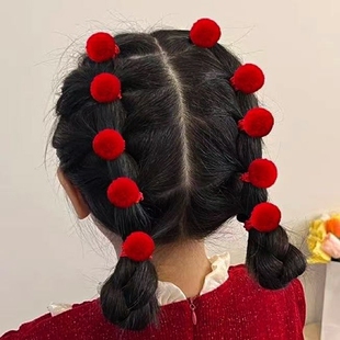 新年不伤发发圈毛球拇指儿童宝宝圈小女孩红色橡皮筋可爱毛绒发饰