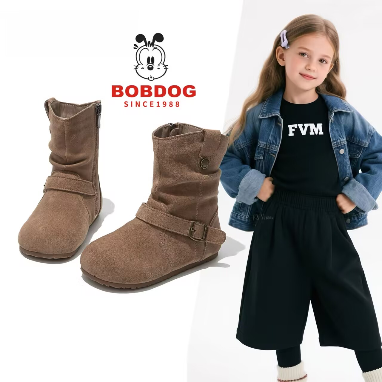 巴布豆女童靴子儿童马丁靴2025新款秋冬季宝宝中筒女孩皮靴潮鞋子