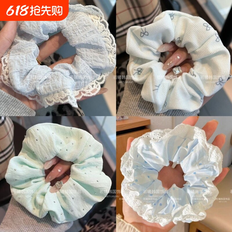 甜美蓝色系蕾丝发圈超仙少女百搭大肠发圈韩版蝴蝶结马尾扎头发饰