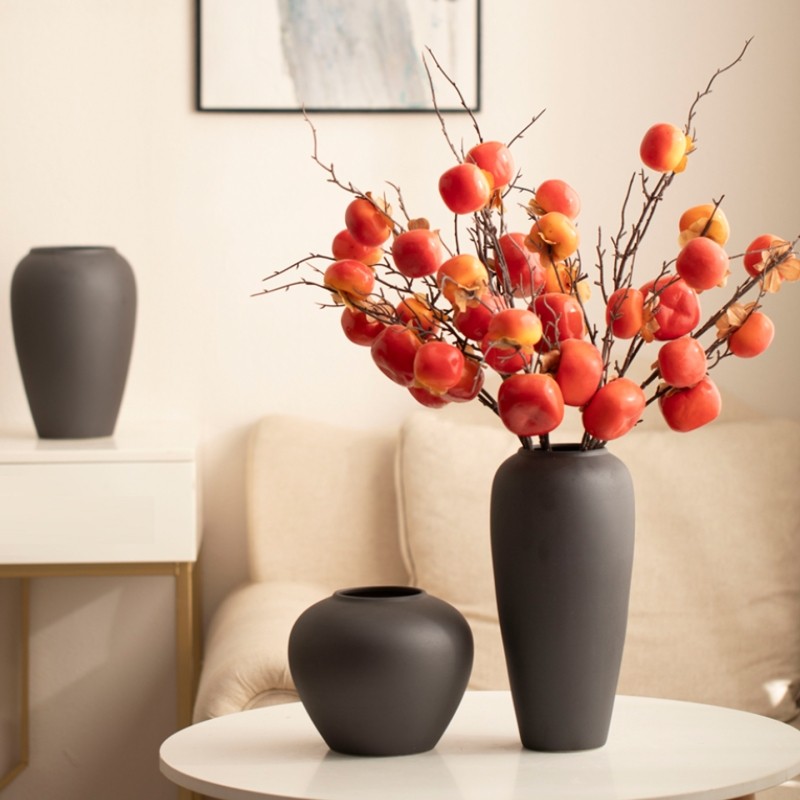 景德镇黑色陶瓷花瓶简约现代陶罐插花水培花器民宿酒店装饰品摆件