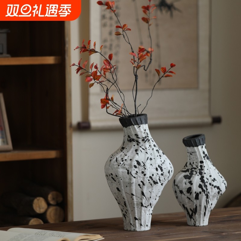 景德镇侘寂风禅意陶瓷花瓶复古怀旧粗陶陶罐家居书房插花装饰摆件