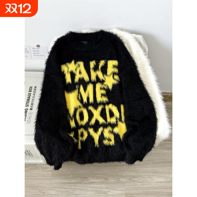 美式国潮字母青少年慵懒风情侣毛衣男女秋冬款宽松圆领针织衫外套