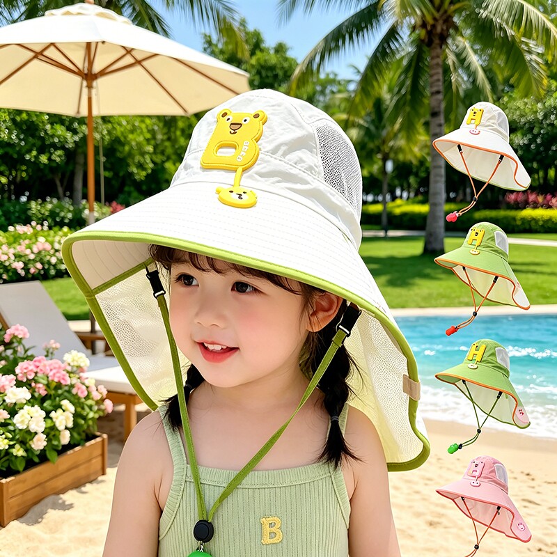 夏天防晒渔夫帽儿童宝宝外出防紫外线遮阳帽网眼轻薄遮后颈披肩帽图片