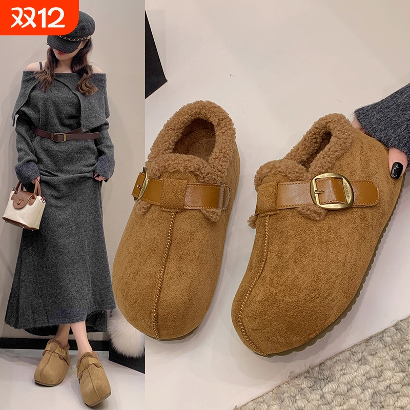 厚底内增高加绒保暖全包勃肯棉鞋女2025新款吐司一脚蹬毛毛鞋毛绒