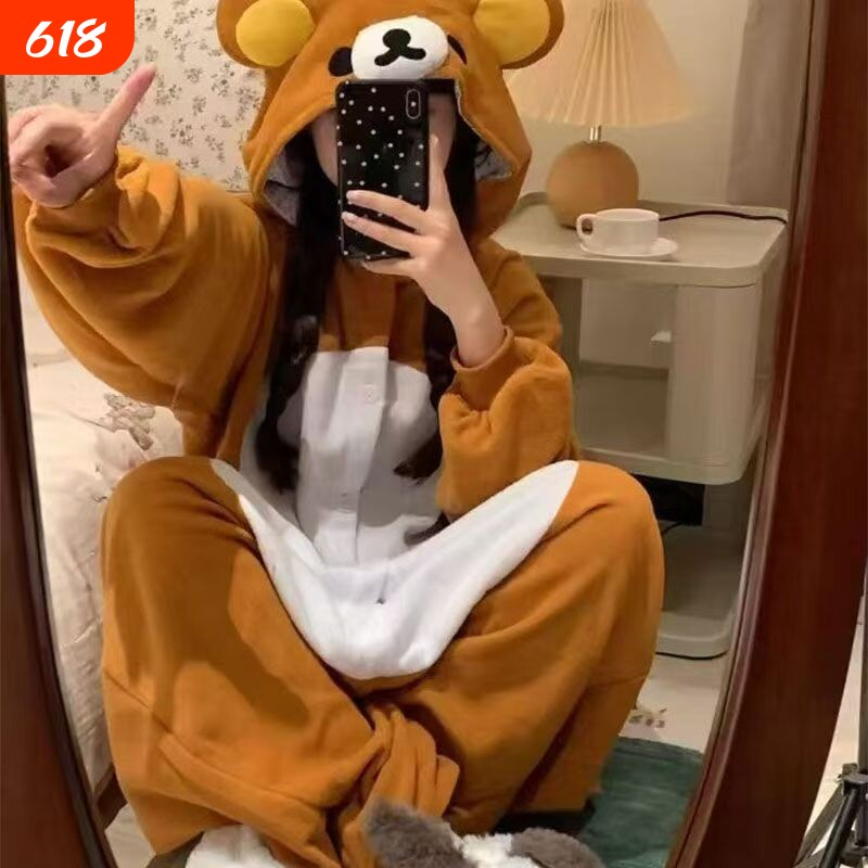卡通轻松熊睡衣连体珊瑚绒女冬季加绒毛绒睡袍连体衣可外穿萌系