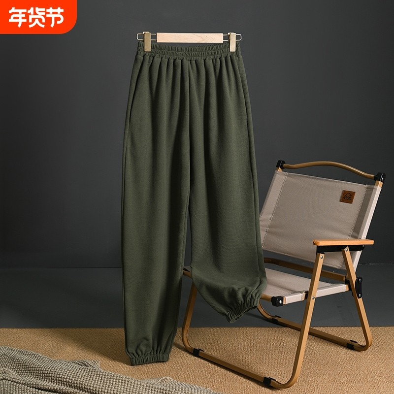 休闲男士睡裤华夫格简约秋冬季加大码宽松加厚棉可外穿宽松家居裤