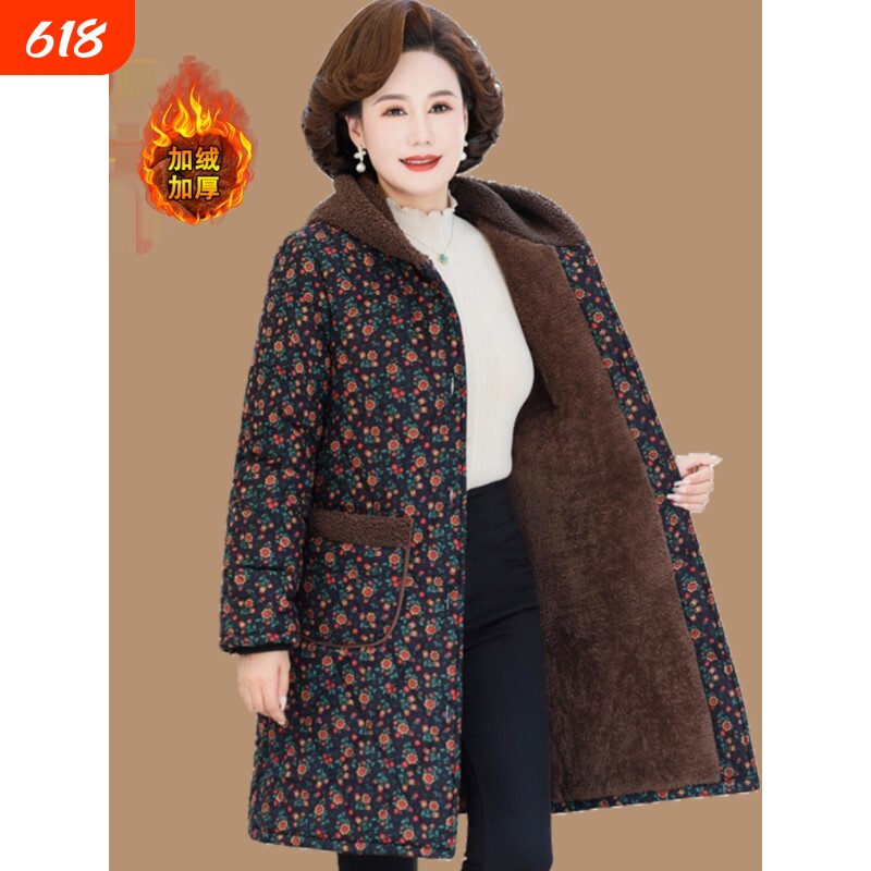 中老年人棉衣女士加绒加厚妈妈秋冬装棉服中长款碎花棉袄外套咖色