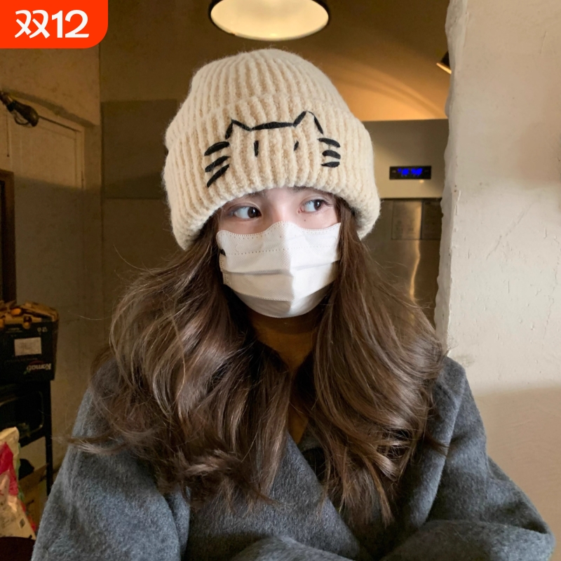可爱线条小猫针织毛线帽子女冬季韩系时尚百搭保暖显脸小护耳冷帽