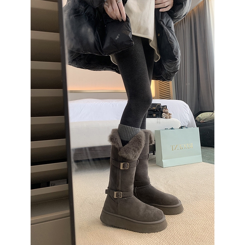 雪地靴葡萄妈studiolee厚底毛毛加绒加厚保暖棉鞋女冬季款灰色