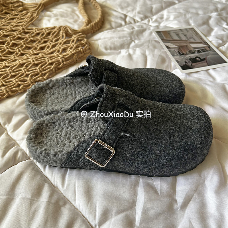周小毒鞋子女2025新款爆款加绒勃肯鞋冬灰色半拖外穿毛毛拖鞋保暖