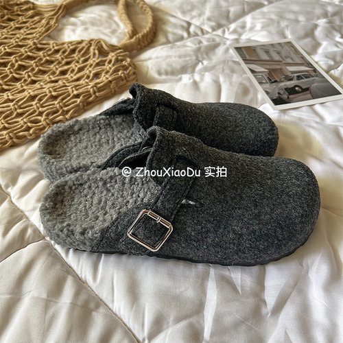 周小毒鞋子女2025新款爆款加绒勃肯鞋冬灰色半拖外穿毛毛拖鞋保暖
