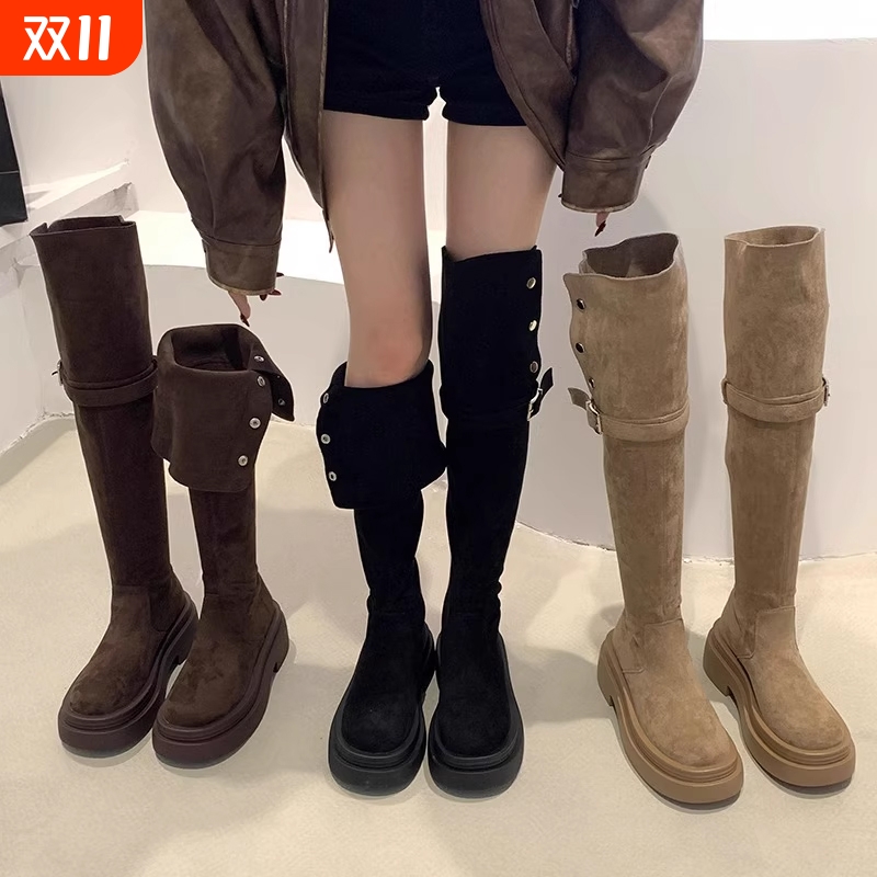 两穿翻折套筒圆头厚底长筒靴子女2025年秋冬季新款粗跟过膝骑士靴