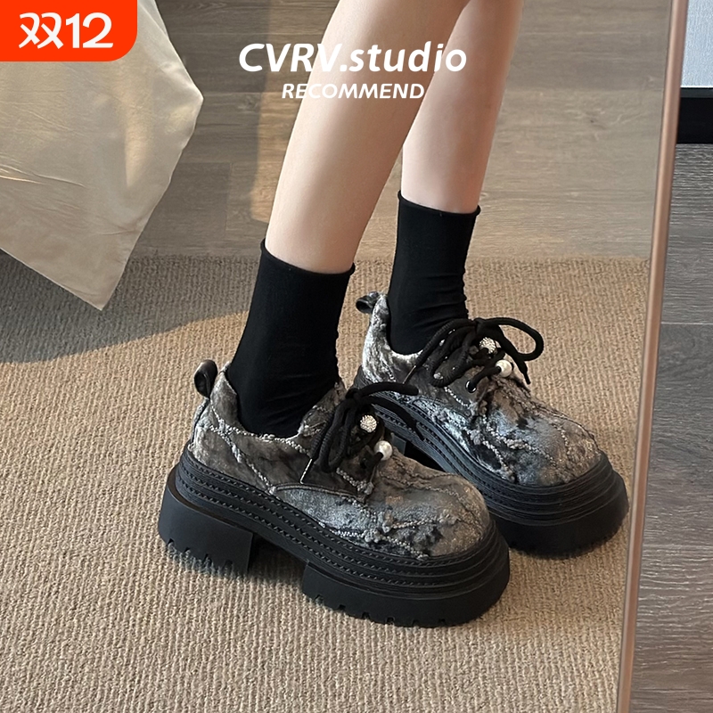 大头系带小皮鞋女2025秋季新款小个子厚底女鞋子时尚增高乐福单鞋