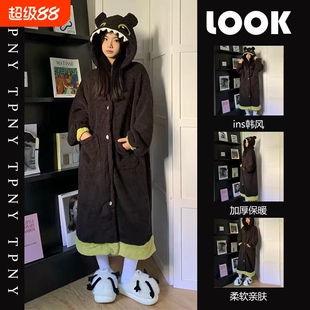 无牙仔睡袍情侣珊瑚绒卡通加厚加绒情侣款家居服套装冬季可外穿