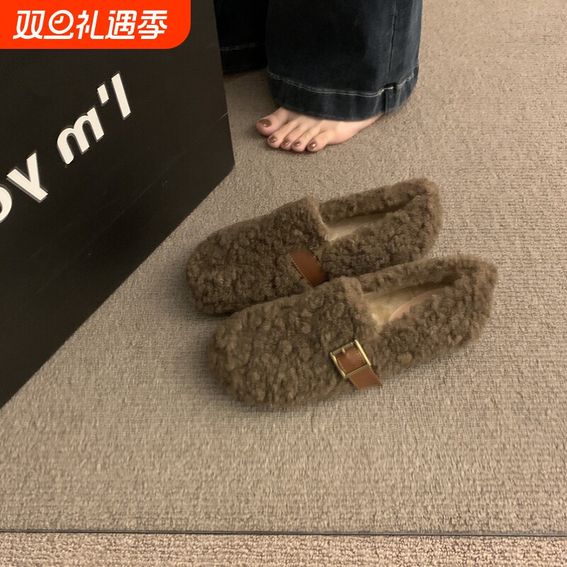 加绒保暖孕妇鞋秋冬外穿一脚蹬防滑乐福鞋软底羊毛羔毛毛鞋单鞋女