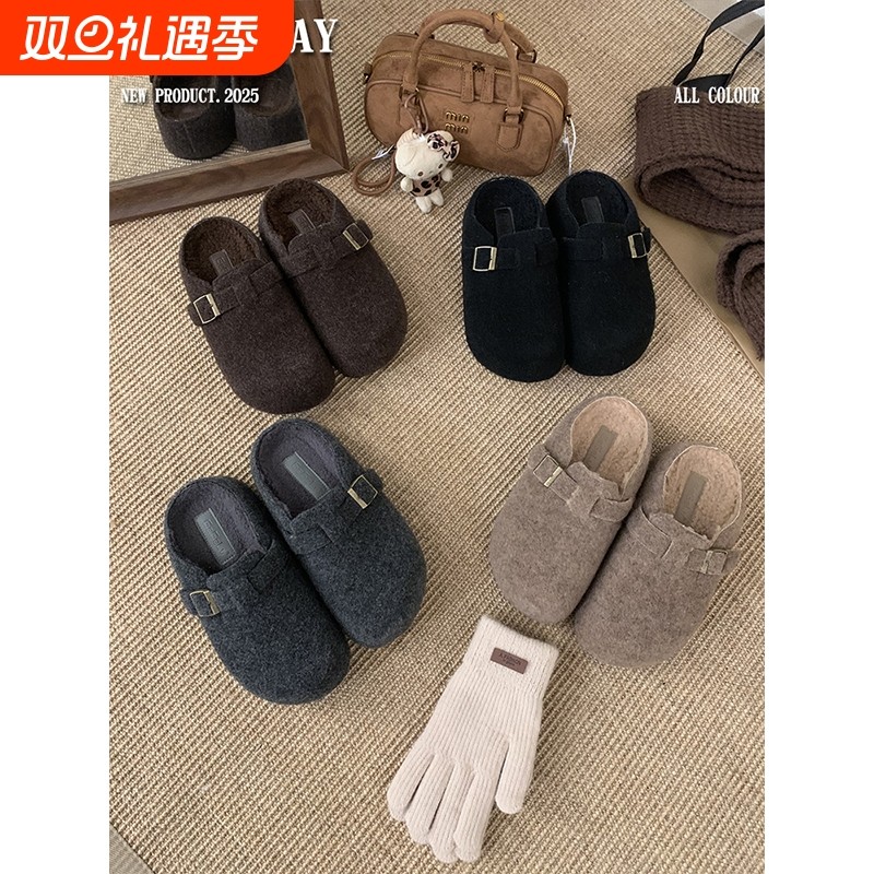 内增高加绒毛呢勃肯鞋女外穿2025新款秋冬懒人厚底博肯包头半拖鞋