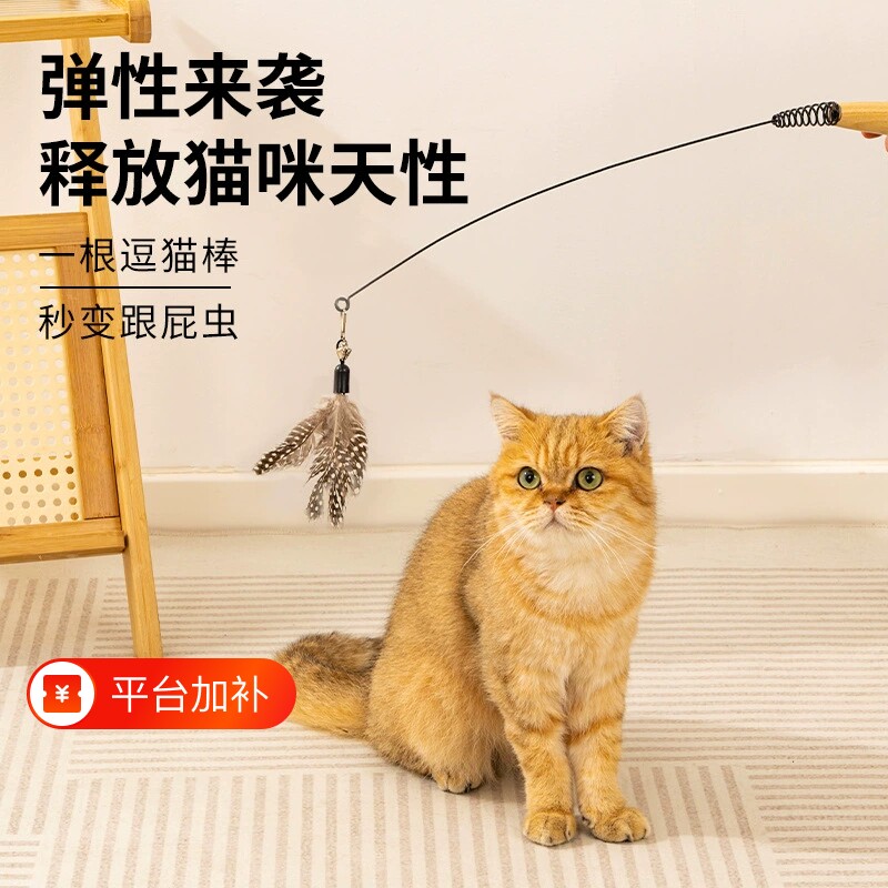逗猫棒CFA赛级木柄弹簧可换羽毛头耐咬手柄逗猫宠物用品猫咪玩具