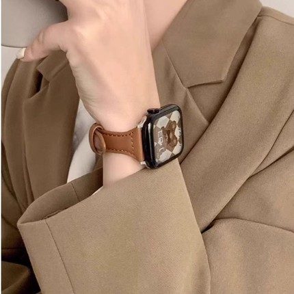 冰冰鸭适用applewatch小蛮腰皮质表带iwatchS10/9复古纤细皮表带S8苹果手表SE 7/6/5/4代3/2/1真皮表带女秋冬
