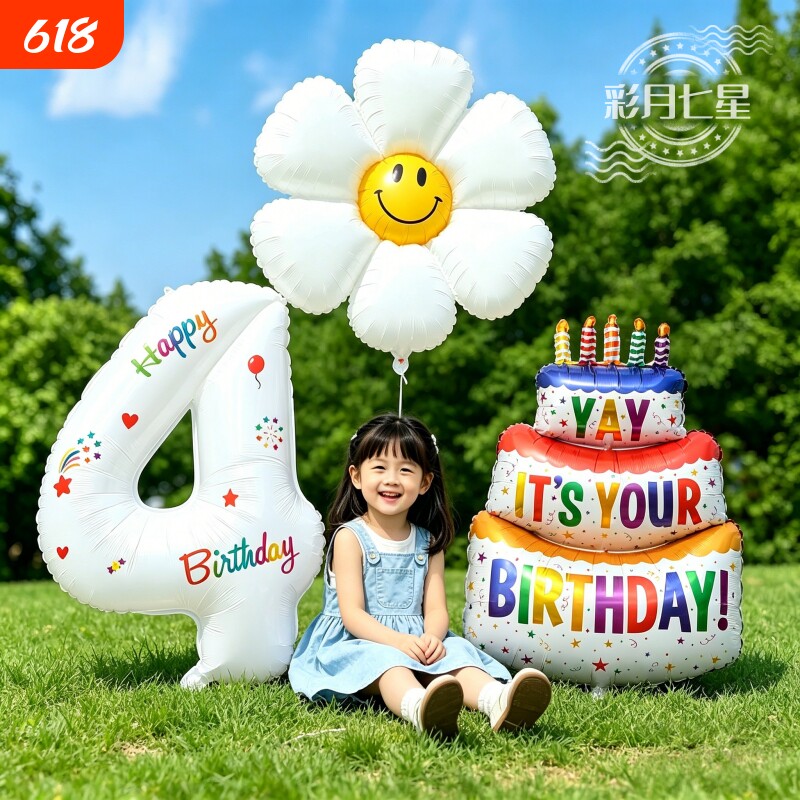 彩色三层生日蛋糕铝膜数字气球儿童生日派对装饰布置气球拍照韩风