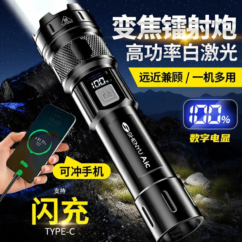 公牛适用强光手电筒可充电小型便携户外超亮远射应急耐家用LED灯