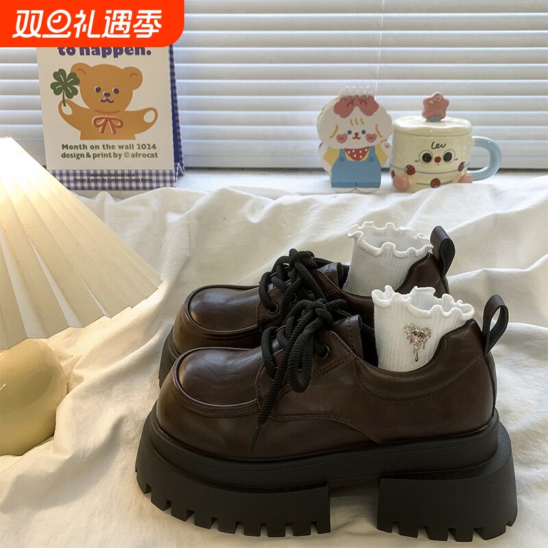 大头小皮鞋女2025春季新款厚底百搭英伦学院风jk乐福单鞋黑色棕