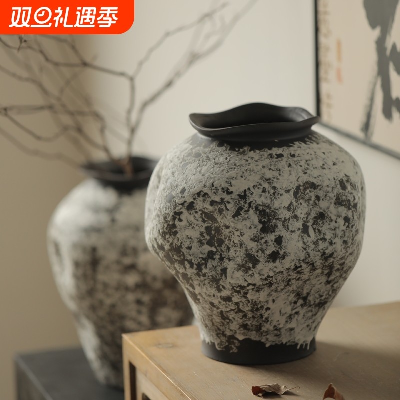景德镇侘寂风禅意陶瓷大花瓶复古怀旧粗陶陶罐家居插花装饰品摆件
