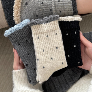 波点仿羊毛袜子女款秋冬季灰色中筒袜加厚保暖复古花边堆堆长筒袜