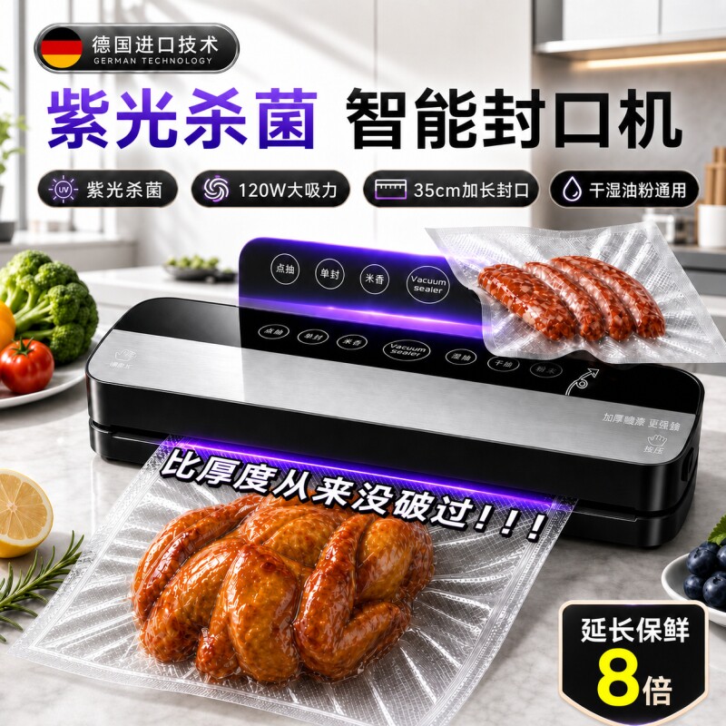 德国真空抽真空封口机家用小型保鲜塑封压缩食品包装全自动真空机