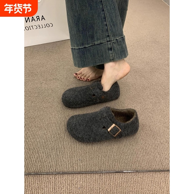 复古毛毡加绒勃肯鞋女2025秋冬新款加绒一脚蹬保暖棉鞋毛呢乐福鞋,女鞋,勃肯鞋/软木鞋,淘宝优惠券,粉丝福利购,淘宝优惠卷