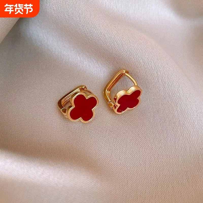 红色四叶草方形耳扣防丢小众耳钉独特新年耳环秋冬高级感过年耳饰,饰品/流行首饰/时尚饰品新,耳环,淘宝优惠券,粉丝福利购,淘宝优惠卷
