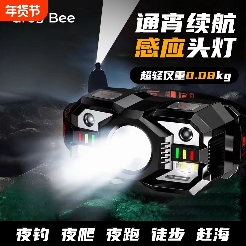 强光感应头灯钓鱼专用超长续航充电头戴式户外登山夜爬灯野外夜钓