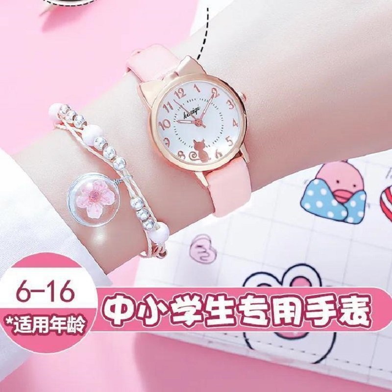 新款手表指针式女孩中小学生韩版简约可爱公主ins小猫咪防水夜光