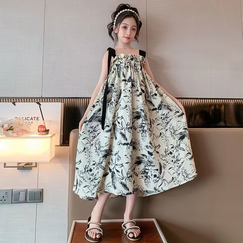 女童夏装连衣裙2025新款女大童洋气水墨画复古吊带裙子儿童公主裙