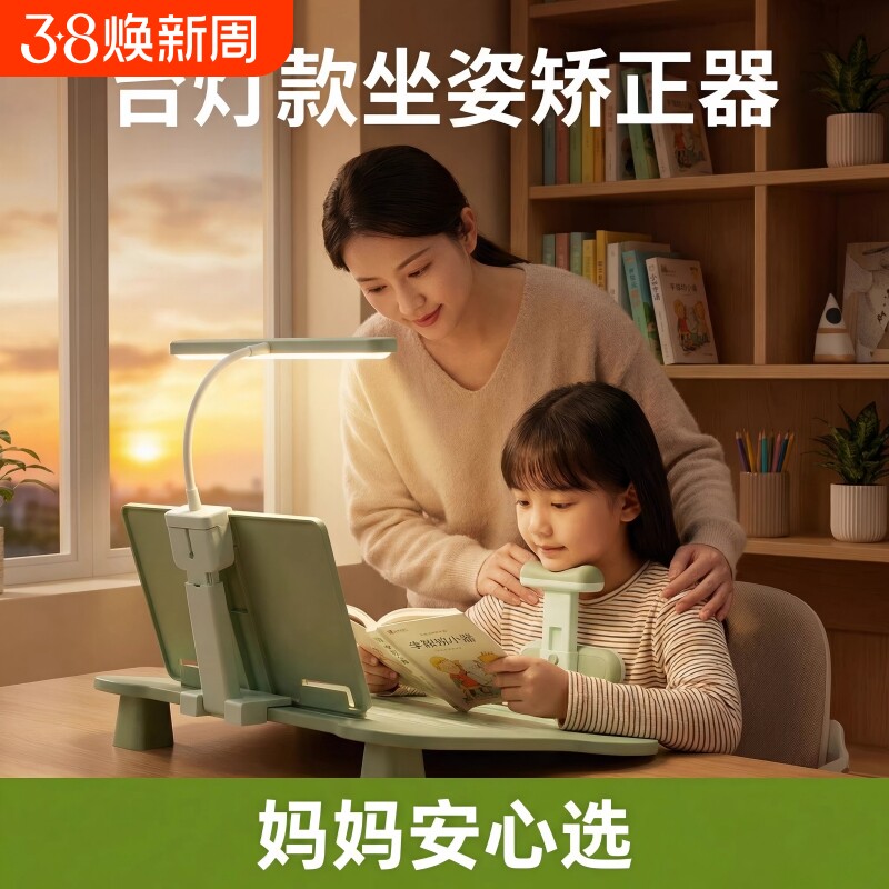 带灯坐姿矫正器小学生桌面款儿童正姿下巴写字姿势纠正支架防低头保护器写作业学习桌书桌防驼背台灯读写防控