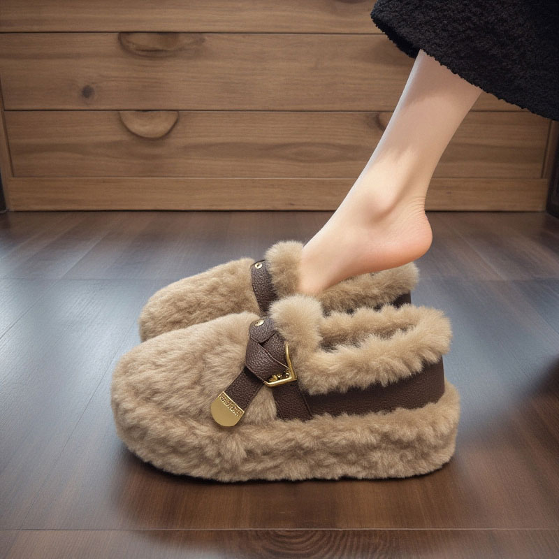 【羊羔绒】毛毛鞋女外穿2025新款冬季皮带扣厚底加绒保暖防滑棉鞋