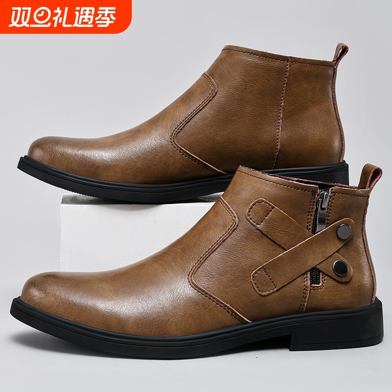 大码加绒保暖棉鞋48码47码皮鞋切尔西男鞋中帮百搭真皮英伦风潮