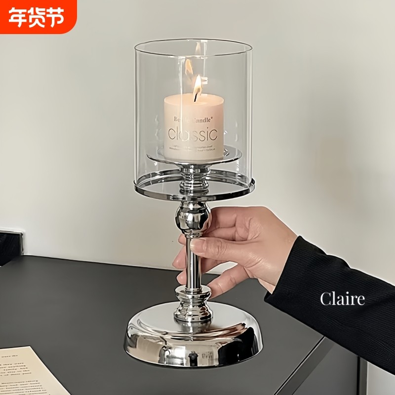 复古玻璃烛台香薰蜡烛装饰摆件烛光餐桌道具浪漫布置轻奢风银色