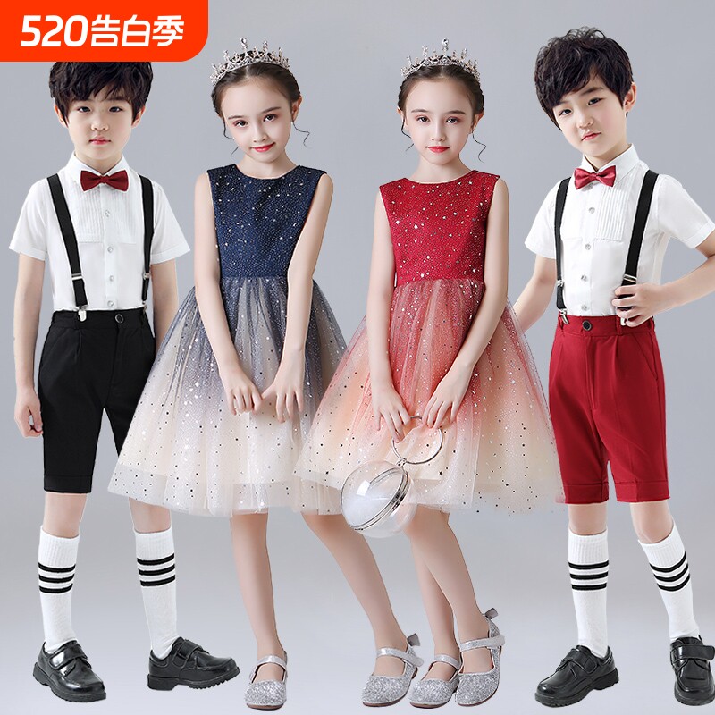 儿童合唱演出服女童主持人钢琴礼服裙红色小学生朗诵比赛表演服装