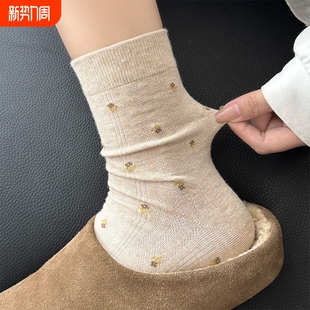 米色袜子女士中筒袜春夏薄款 纯棉日系复古碎花堆堆袜短筒配勃肯鞋