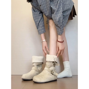 5CM内增高勃肯短靴雪地靴女冬季加绒加厚保暖中筒棉鞋子白色毛绒