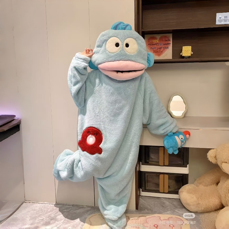 丑鱼睡衣连体女珊瑚绒加厚保暖秋冬季大嘴鱼搞怪家居服睡袍男加绒