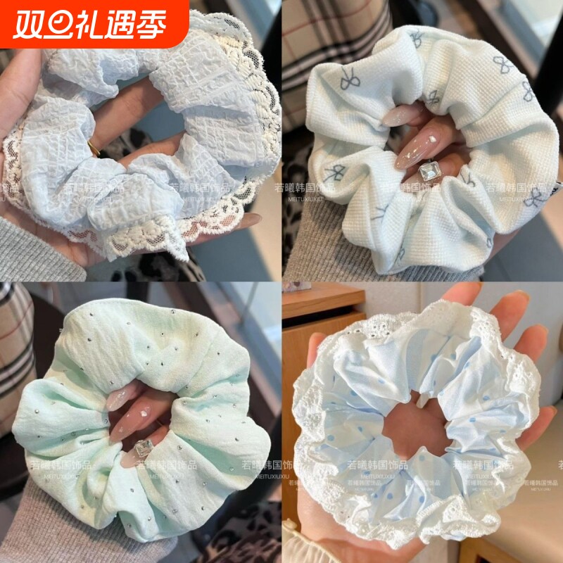 甜美蓝色系蕾丝发圈超仙少女百搭大肠发圈韩版蝴蝶结马尾扎头发饰