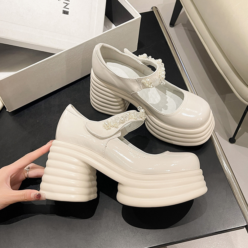 厚底婚鞋女主婚纱神器松糕鞋春季矮子乐粗跟珍珠玛丽珍新娘高跟鞋